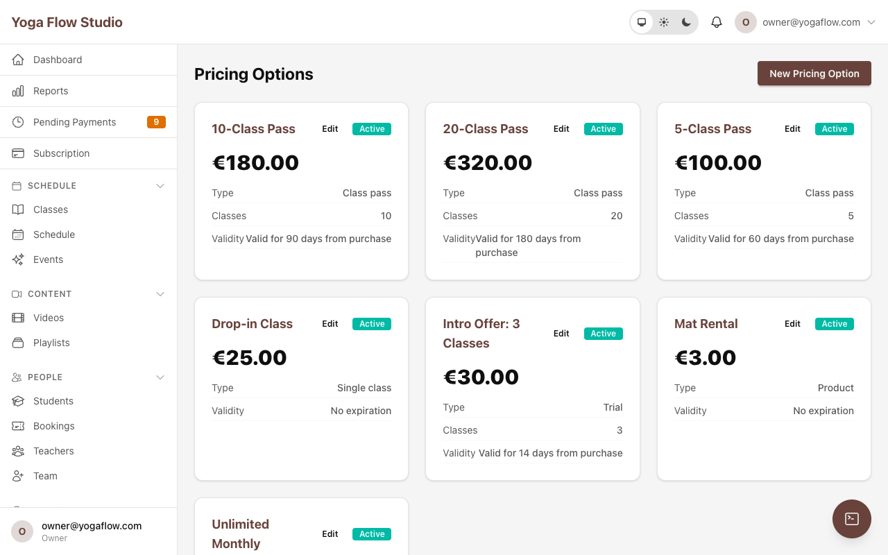 Pricing options list showing pass, membership and trial types